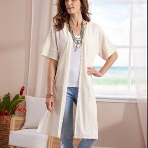 Soft Surroundings Women XL Fara Topper Duster Cardigan Linen Blend Ecru Lace EUC